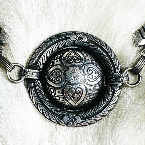 Womens Art Deco Style Silver Dome Pendant Choker Necklace 16" Etch Asian Floral - Picture 3 of 6